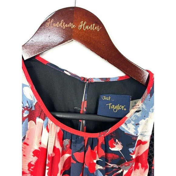 Just Taylor Women Sz 6 Red Navy Floral Dress Eyelet Stitching Sleeveless Midi E - Picture 10 of 13